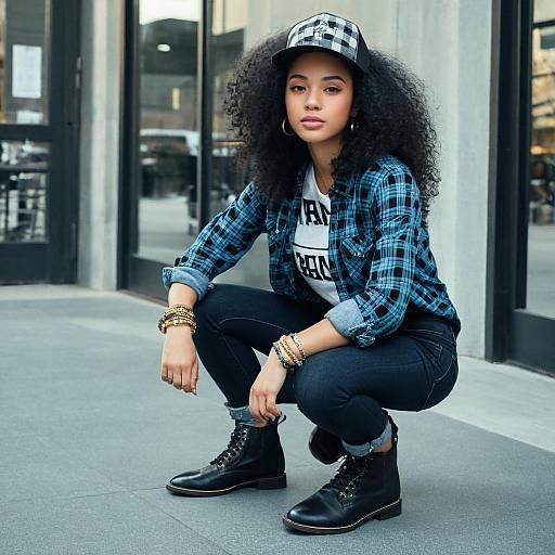 Young Woman in Blue Plaid Shirt and Casual Streetwear Outfit Outdoors