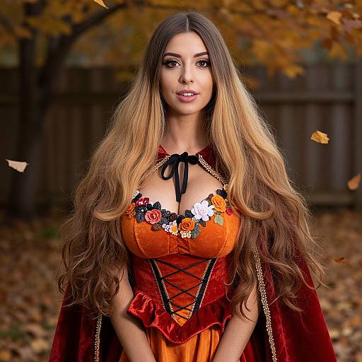 Woman in Autumn-Themed Velvet Corset and Crimson Cape Costume