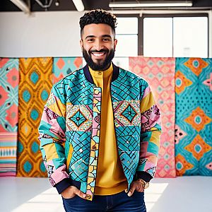 Confident Man in Colorful Jacket Against Geometric Background