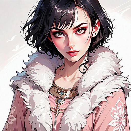 Digital Illustration of Woman in Fur Collar Pink Garment Anime Style