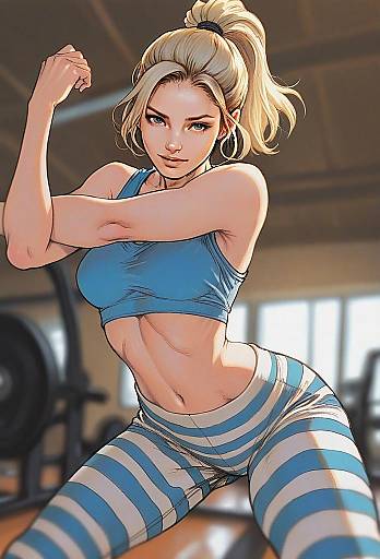 Fit Woman Flexing in Blue Sportswear at Gym Digital Illustration