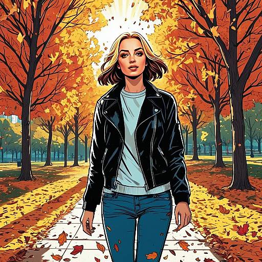 Autumn Walk with Woman in Leather Jacket - Realistic Digital Illustration
