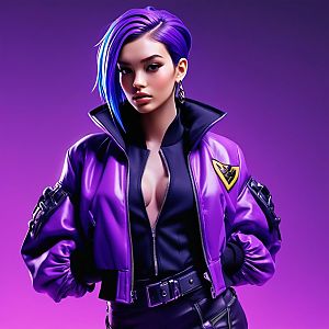 Confident Woman with Purple Hair in Futuristic Jacket