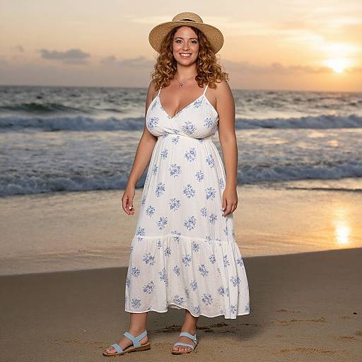 Woman in White Floral Dress on Beach at Sunset