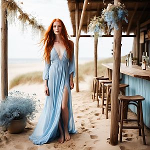 Red-haired Woman in Blue Dress at Beach Bar