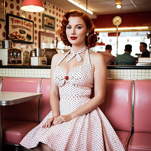 Vintage 1950s Style Woman in Retro Diner with Pink Polka-Dot Dress
