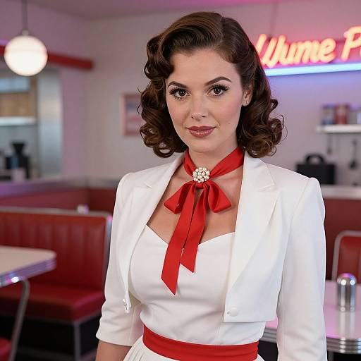 Vintage 1950s Style Woman in Retro Diner with Red Bow Tie