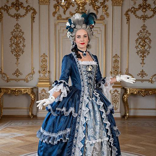 Woman in Rococo Blue and Silver Gown with Elaborate Wig in Luxurious Room