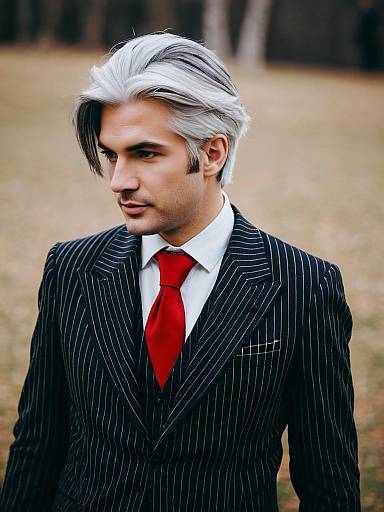 Man in Black Pinstripe Suit with Silver Hair and Red Tie