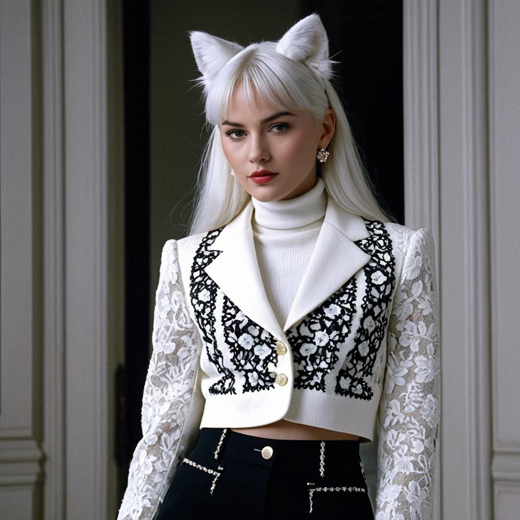 Stylish Woman in White Lace Blazer with Cat Ears Fashion Portrait