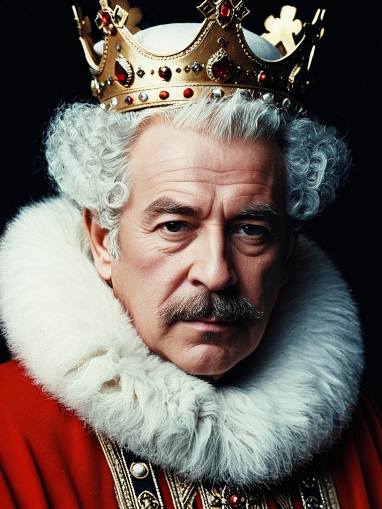 Photorealistic Portrait of Man in Ornate King Outfit and Crown Costume