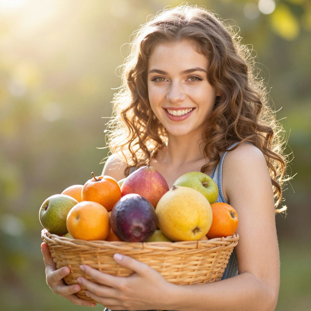 Smiling Woman Holding Basket of Fresh Fruits Outdoors