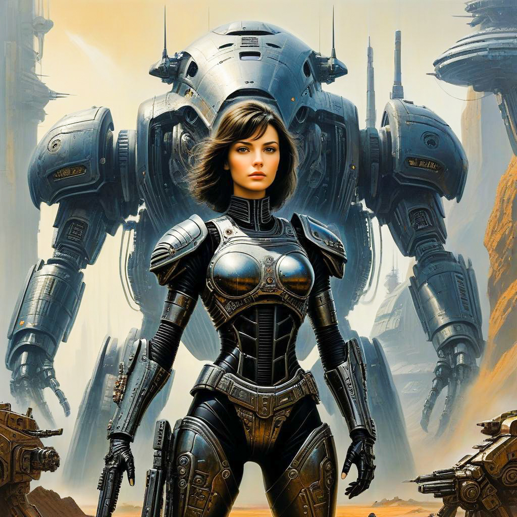 Futuristic Woman in Metallic Armor with Mech Robot
