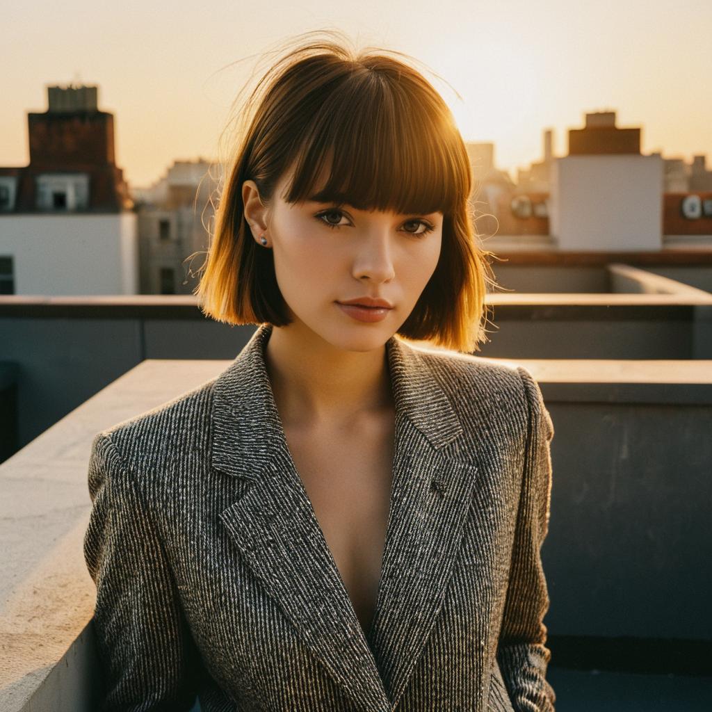 Young Woman in Gray Herringbone Blazer on Rooftop at Sunset