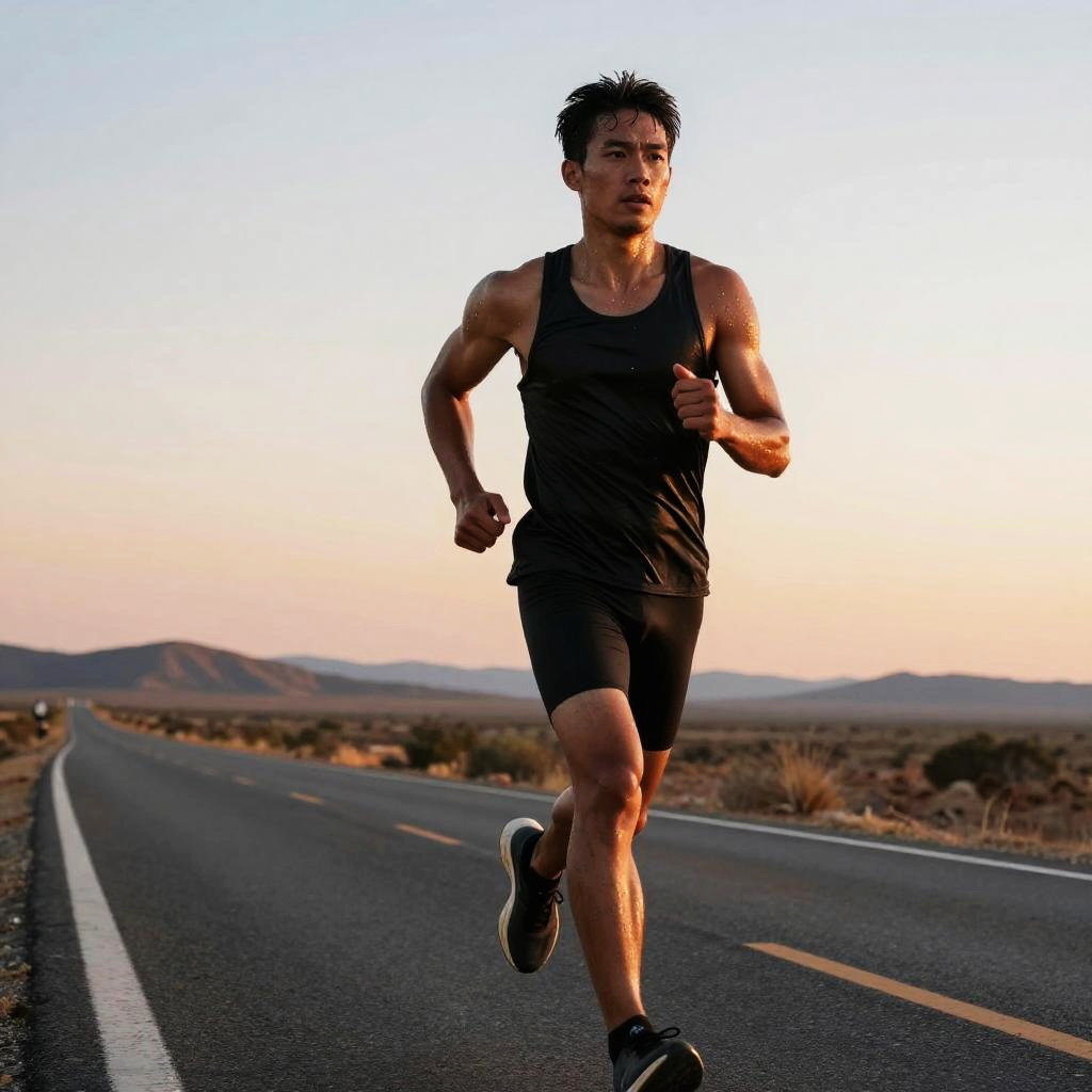 Man Running on Desert Road at Sunset in Black Athletic Wear