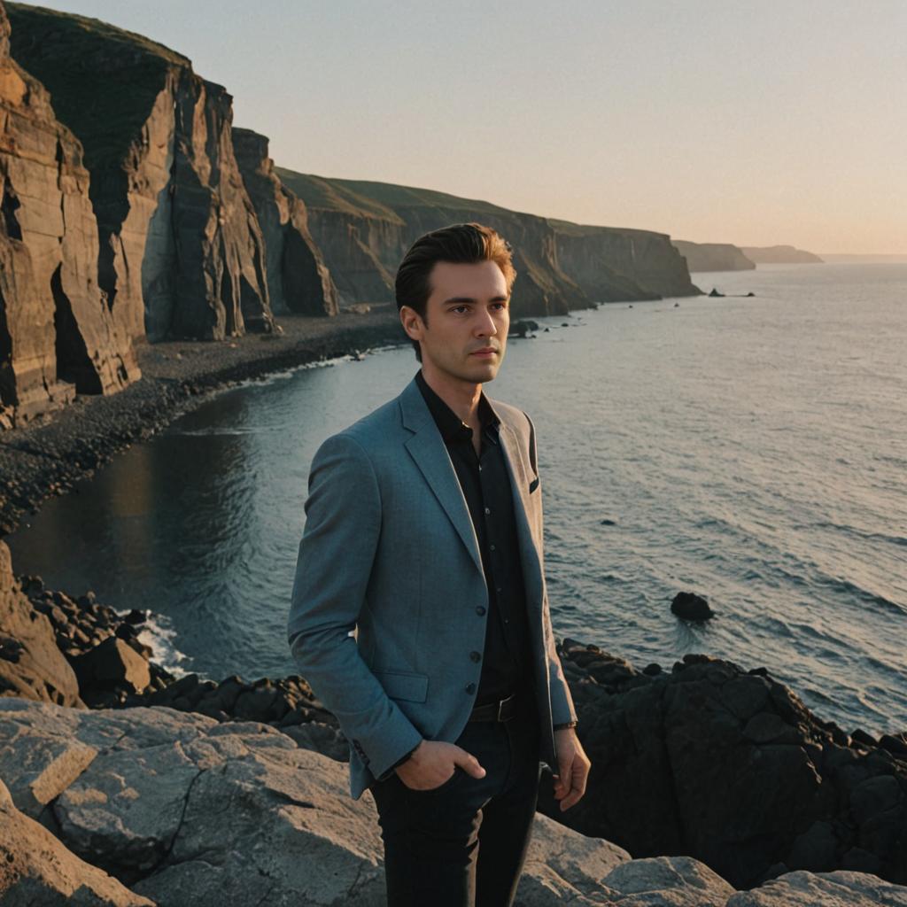 Stylish Man on Rocky Coastline at Sunset