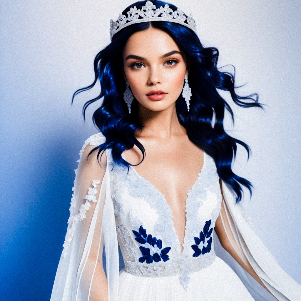 Woman in White Gown with Blue Hair and Crown