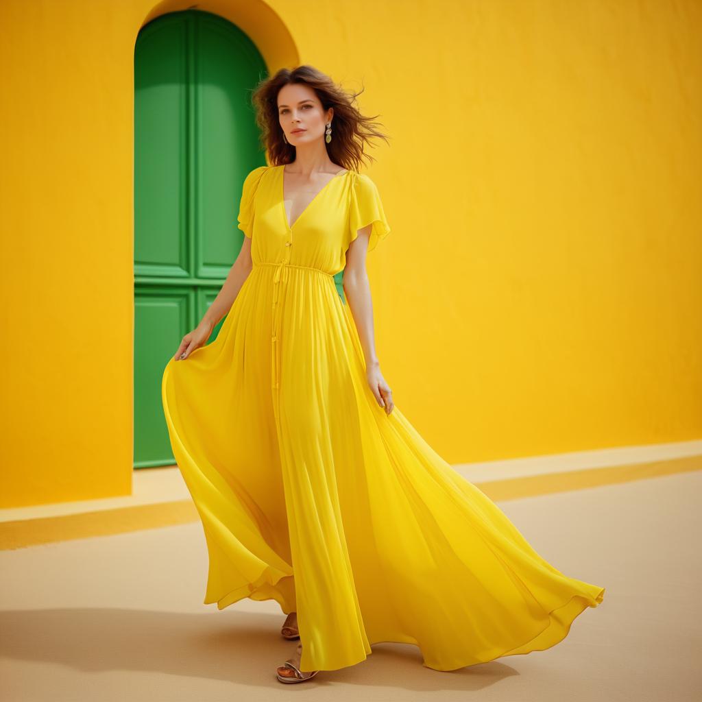 Elegant Woman in Yellow Dress Against Green Door