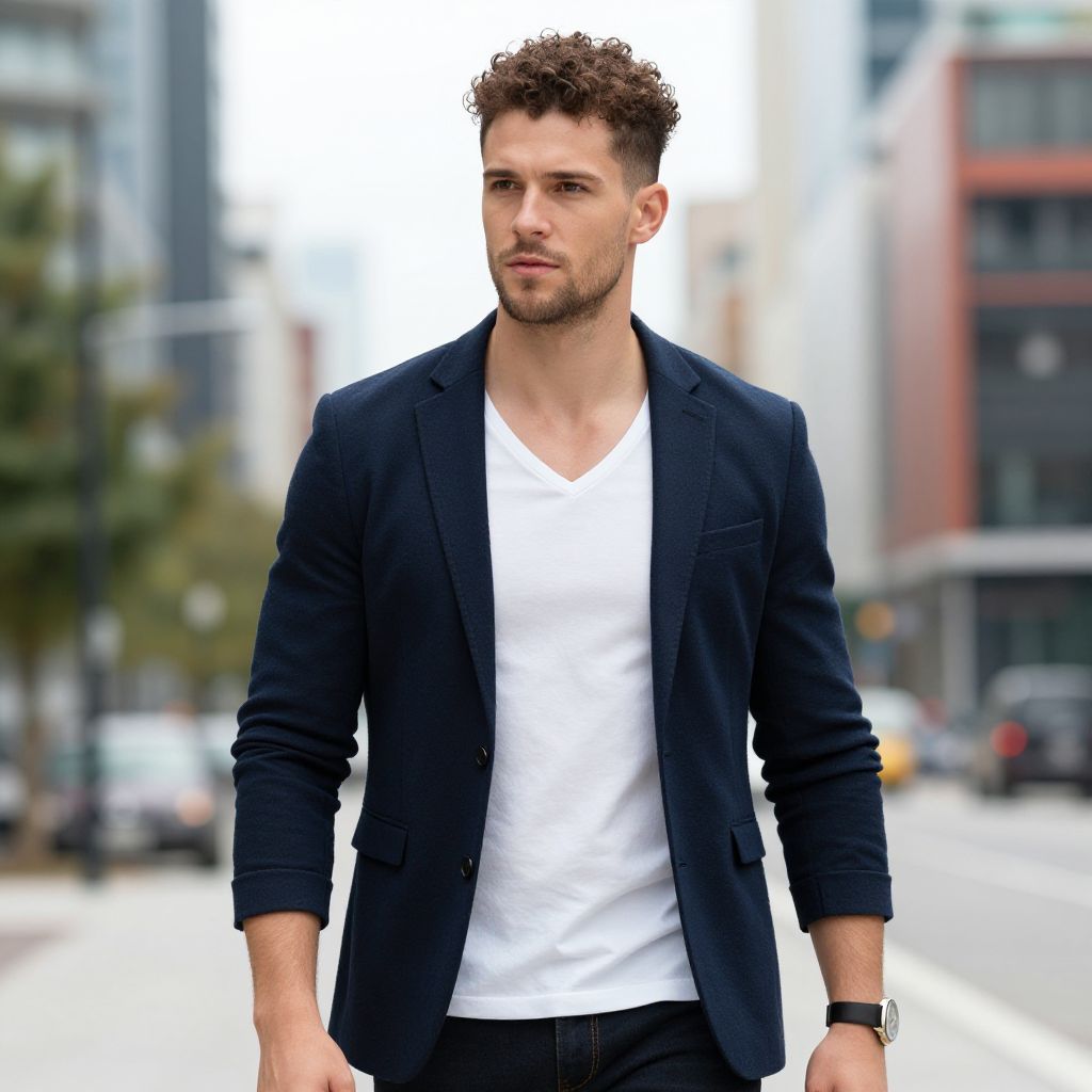 Confident Young Man in Navy Blazer Walking in Urban City Background