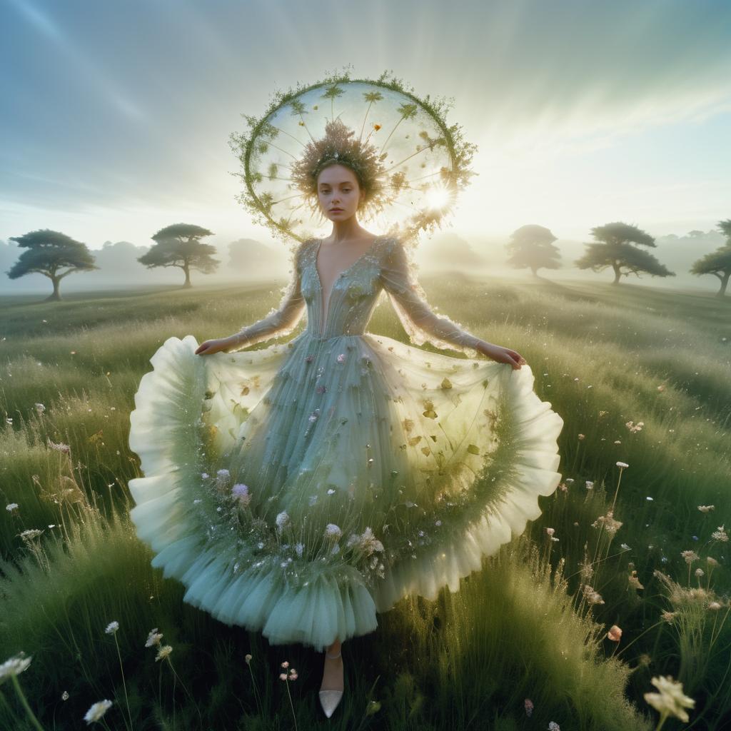 Stunning Woman in Green Dress in Serene Landscape