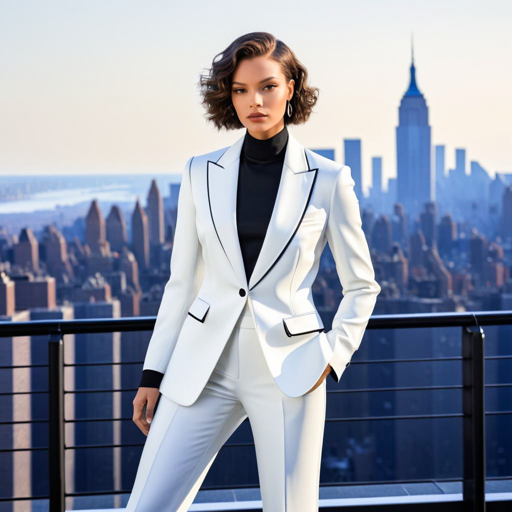 Confident Woman in White Suit Against NYC Skyline