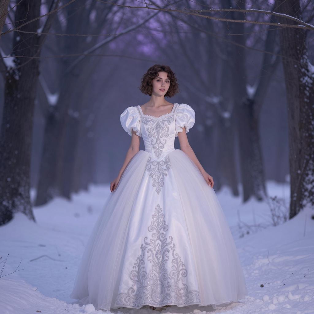 Elegant Woman in Vintage Ball Gown Posing in Snowy Forest