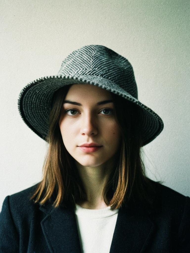 Young Woman Wearing Gray Herringbone Wide-Brim Hat with Minimalist Style