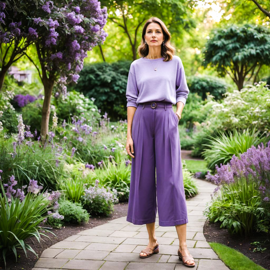 Stylish Woman in Lilac Sweater and Purple Pants in Garden