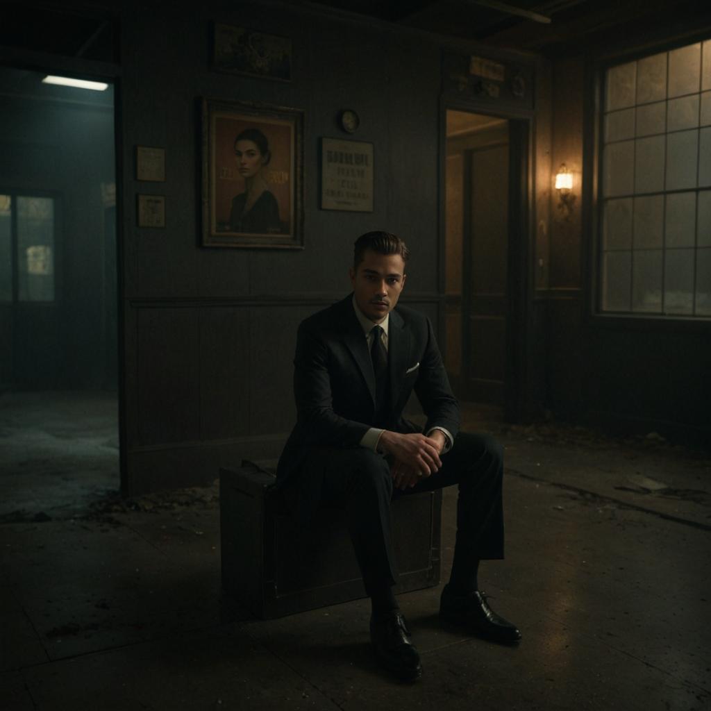 Contemplative Man in Suit in Dimly Lit Room