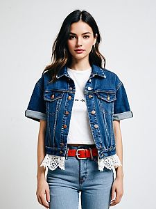 Modern Woman Wearing Cropped Denim Jacket and Red Belt Casual Outfit