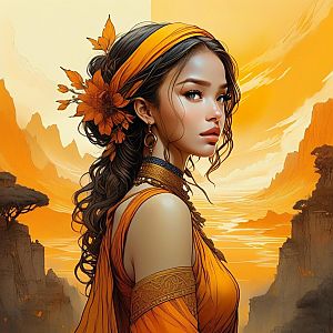 Young Woman in Orange Attire with Floral Accessories at Sunset