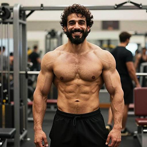 Muscular Man Smiling Shirtless in Gym Showing Muscular Physique