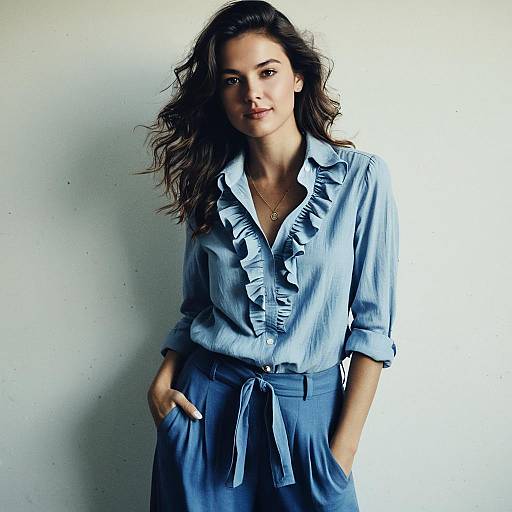 Stylish Young Woman in Light Blue Ruffled Blouse and High-Waisted Pants