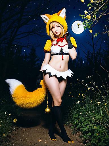 Moonlight Fox Cosplay Woman in Forest at Night