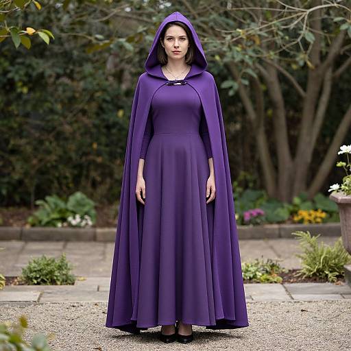 Woman in Elegant Purple Hooded Cloak Outdoors in Garden
