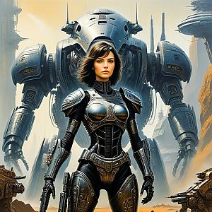 Futuristic Woman in Metallic Armor with Mech Robot