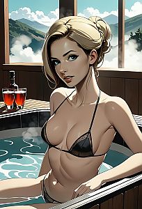 Anime Woman in Black Bikini Relaxing in Hot Tub with Mountain View