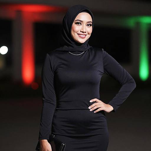 Confident Woman in Black Hijab and Dress Portrait with Colorful Background