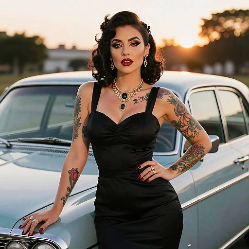 Vintage Glamour Woman with Tattoos Posing by Classic Car at Sunset