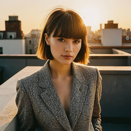 Young Woman in Gray Herringbone Blazer on Rooftop at Sunset