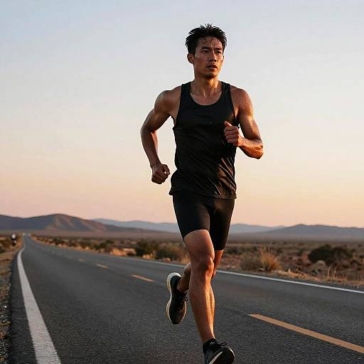 Man Running on Desert Road at Sunset in Black Athletic Wear