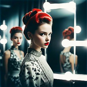 Confident Woman with Red Hair in Vintage Dress