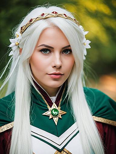 Mystical Woman in Sacred Fantasy Costume with White Hair and Jeweled Headpiece