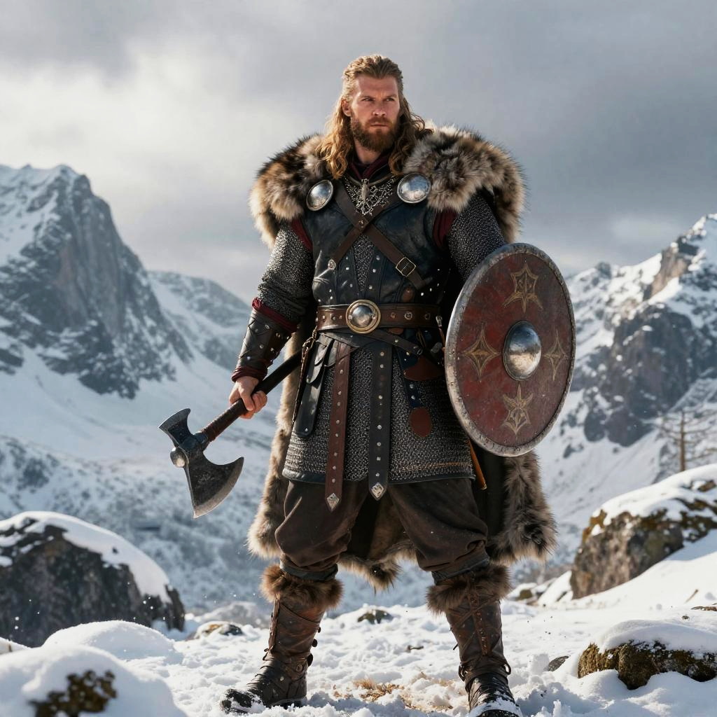 Viking Warrior in Snowy Mountains Holding Axe and Shield
