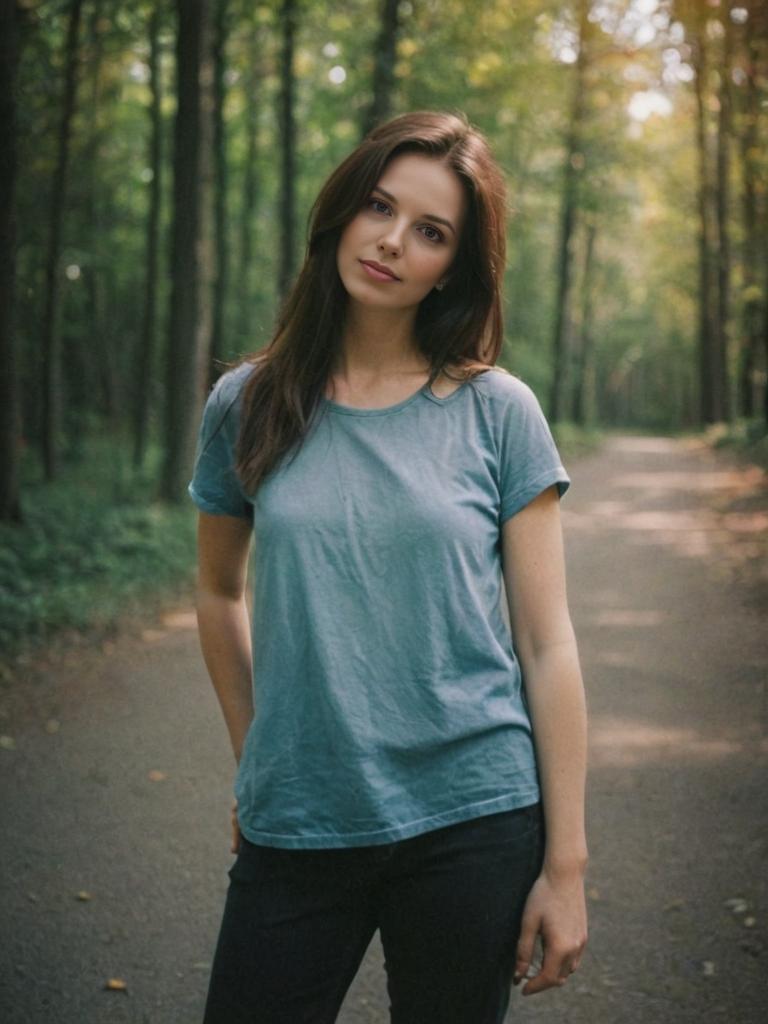 Young Woman on Serene Wooded Path in Casual Attire