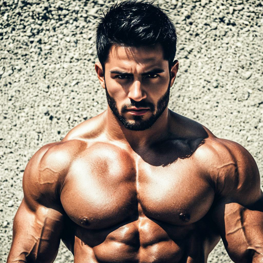 Muscular Man Posing Shirtless Against Concrete Wall Muscular Man Posing Shirtless Against Concrete Wall