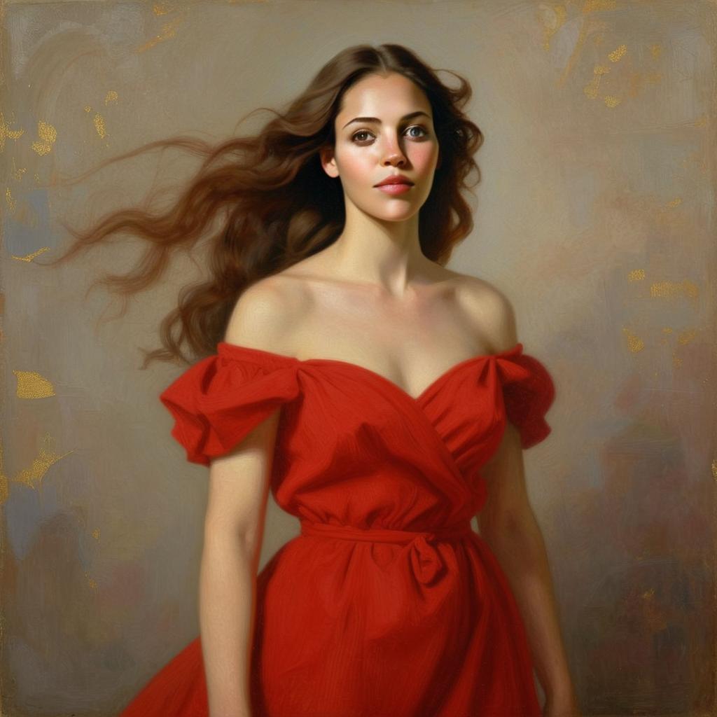 Elegant Woman in Flowing Red Dress Portrait with Classic Painterly Style