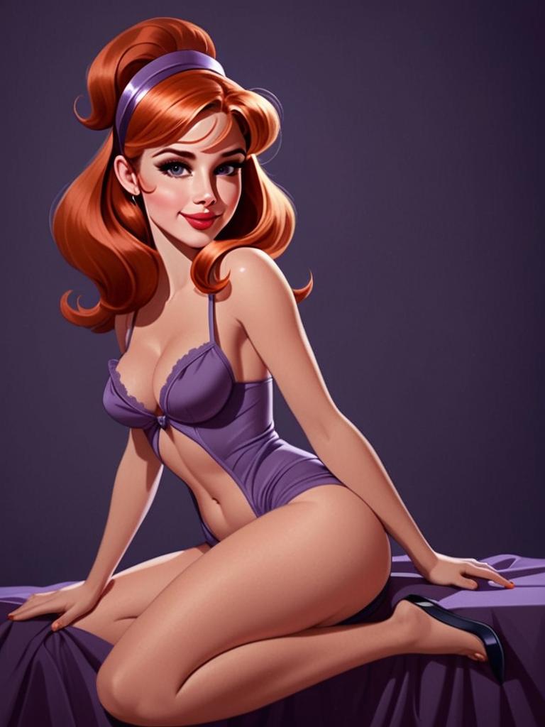 Pin-Up Style Digital Illustration of Woman in Purple Lingerie