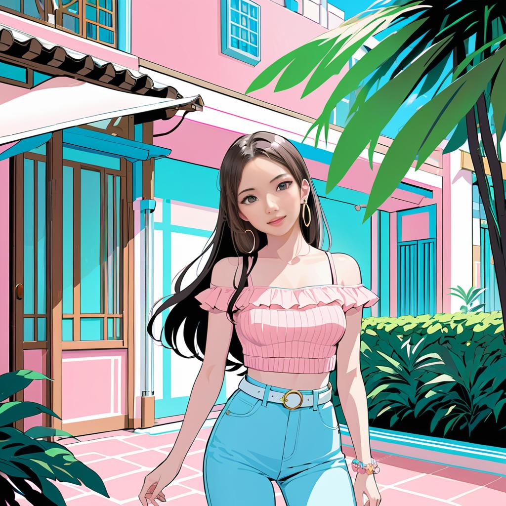 Anime Woman in Pink Top and Blue Jeans Against Tropical Background