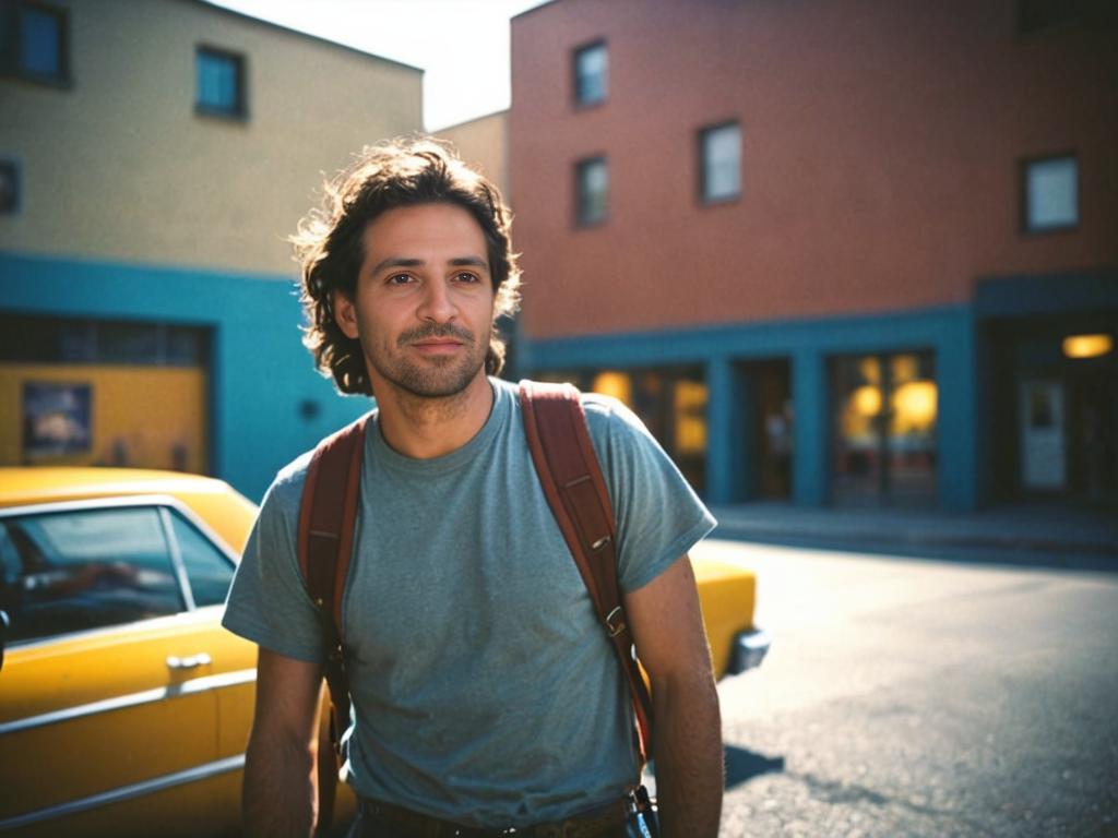 Man with Wavy Hair by Vintage Yellow Car